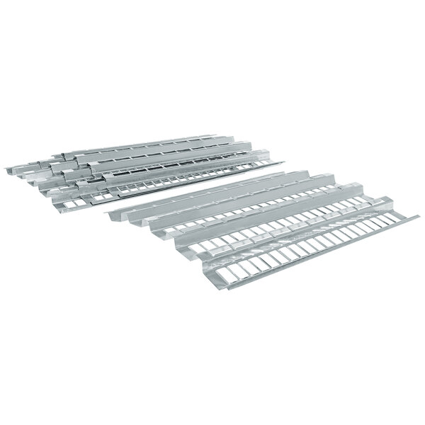 Metal grid pallet rack decking panels by Vestil on a white background.