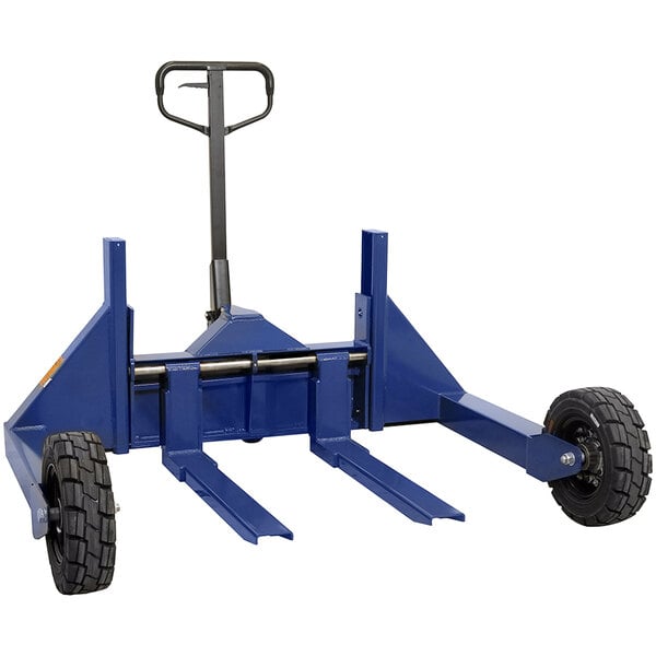 A blue Wesco Industrial Products pallet truck with black wheels.