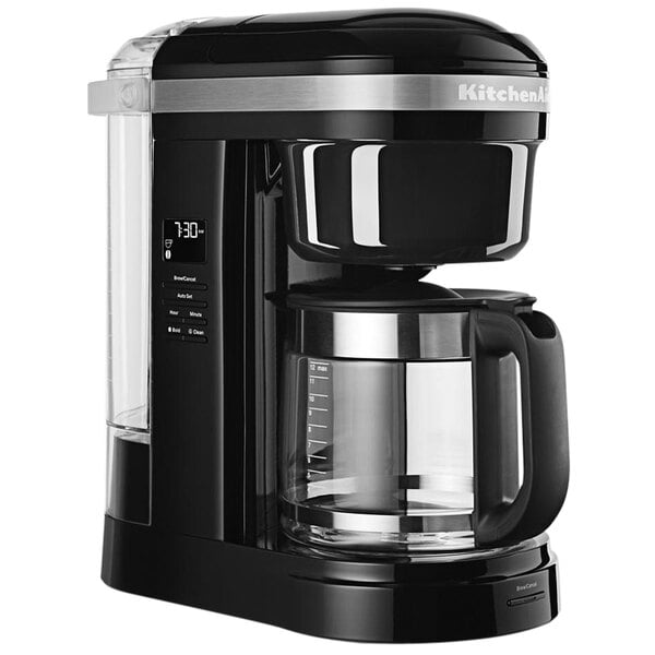 A black KitchenAid 12-cup coffee maker with a glass pitcher.