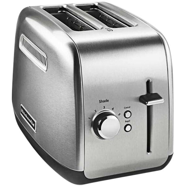 A silver KitchenAid 2-slice toaster with a dial and buttons.
