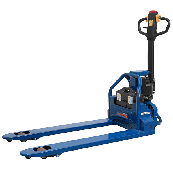 A blue Wesco pallet truck with wheels and a handle.