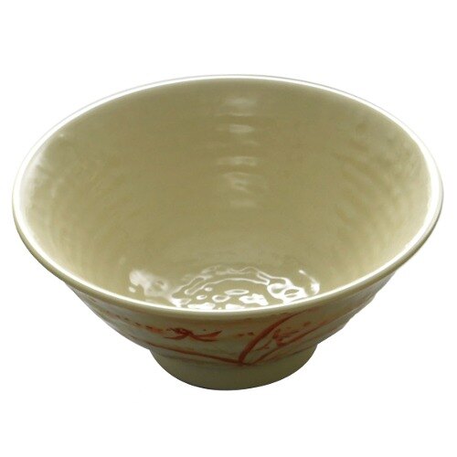 A white melamine soup bowl with a red and gold orchid design.