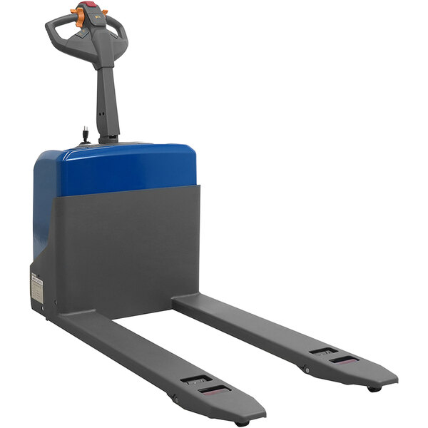 A blue and grey Wesco Industrial Products heavy-duty power pallet truck with a handle.