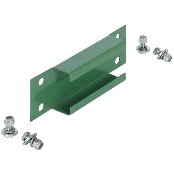 A green metal Vestil pallet racking frame spacer with screws and nuts.