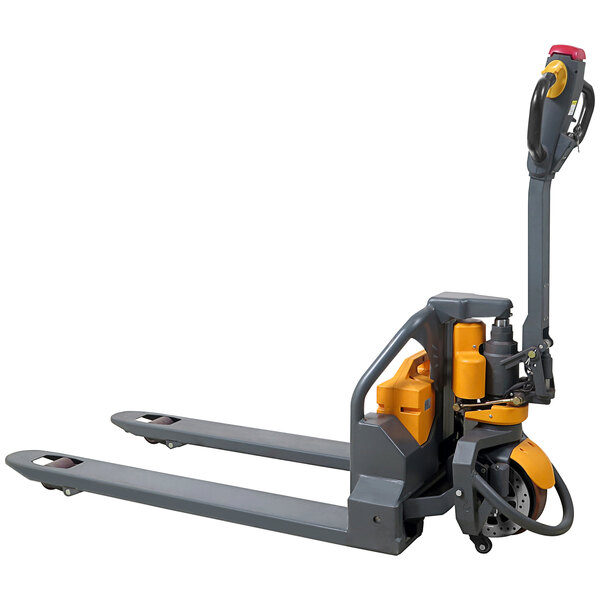 A Wesco Industrial light-duty electric pallet truck with a yellow and grey handle.