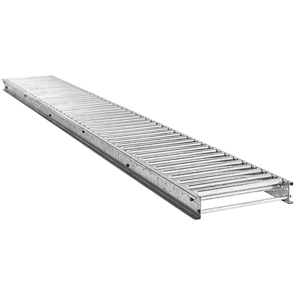 A long metal roller conveyor belt with a white background.