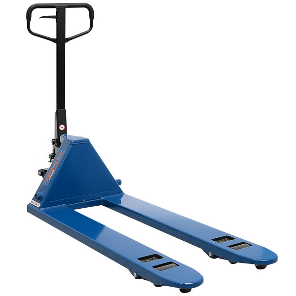 A blue Wesco Advantage Pro pallet truck with wheels and a handle.