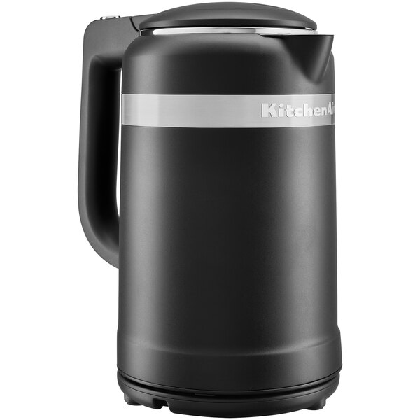 A black KitchenAid electric kettle with silver accents and a black lid.