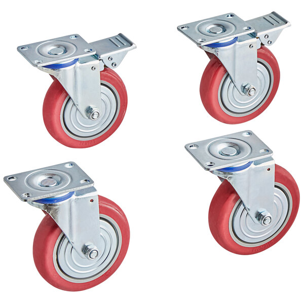 A group of Wesco foldable forklift maintenance platform casters with red and blue wheels.