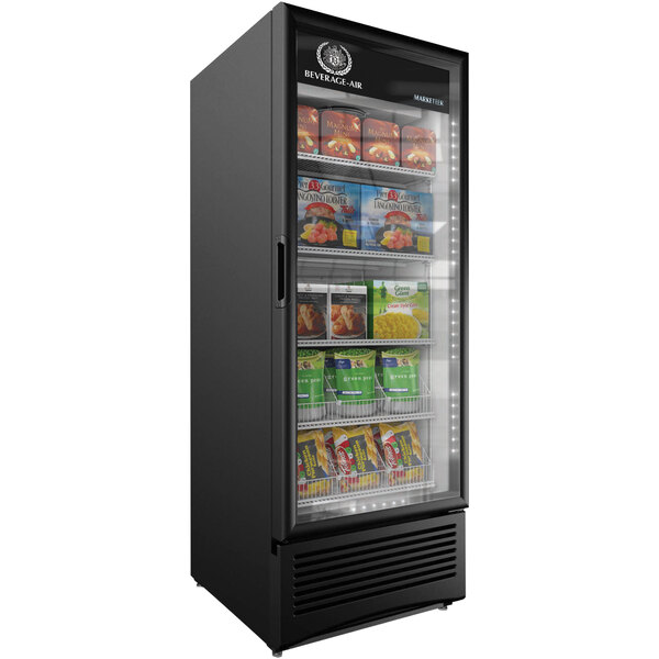 A black Beverage-Air glass door merchandiser freezer with food on shelves.