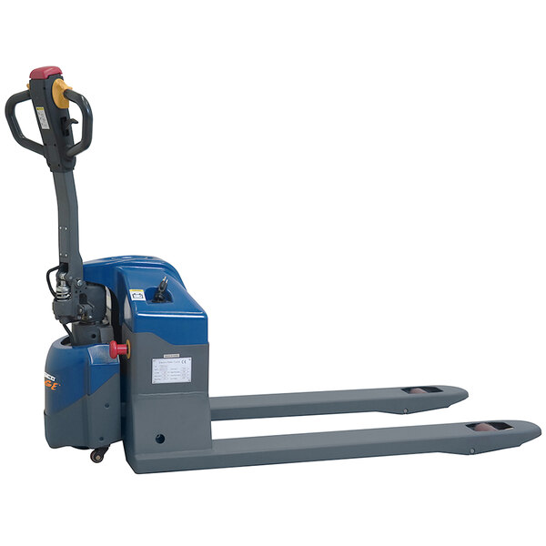 A blue and grey Wesco Industrial Products semi-electric pallet truck with a red handle.