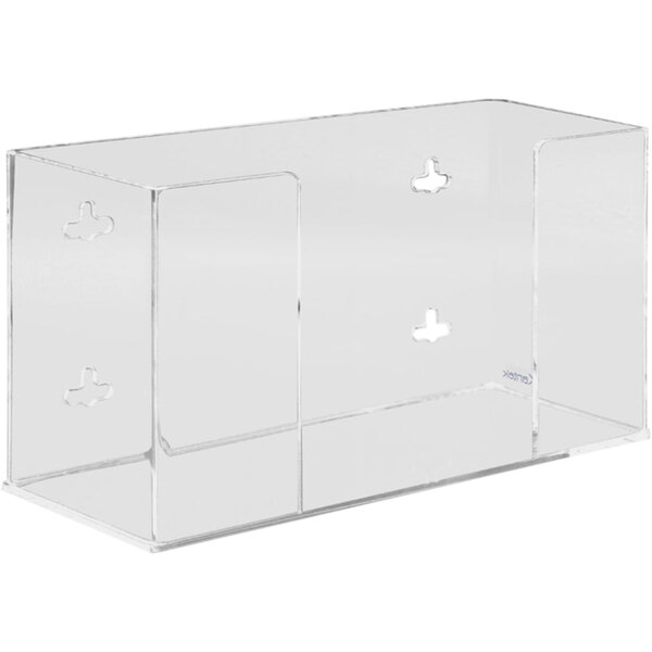 A clear acrylic box with two holes for gloves.