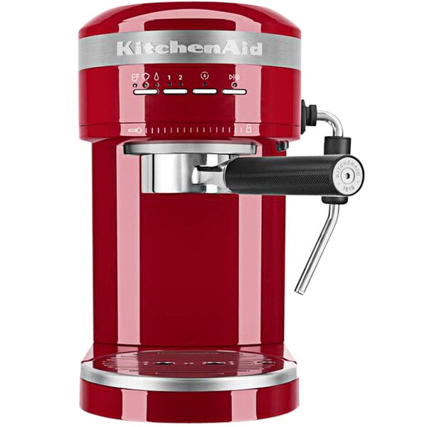 A close up of a red KitchenAid espresso machine with a handle.