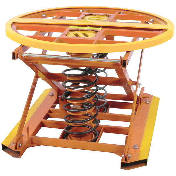 A Wesco yellow and orange metal pallet leveler with round wheels and springs.