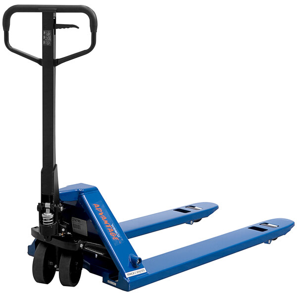 A blue Wesco Industrial Products hand pallet truck with a handle and wheels.