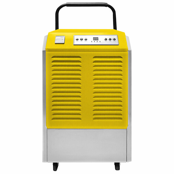 A yellow and grey Royal Sovereign 190 Pint Dehumidifier with a white panel and buttons.
