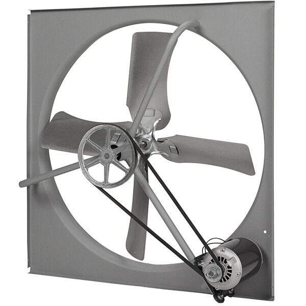 A grey TPI commercial belt drive exhaust fan with a metal blade, motor, and wheel.