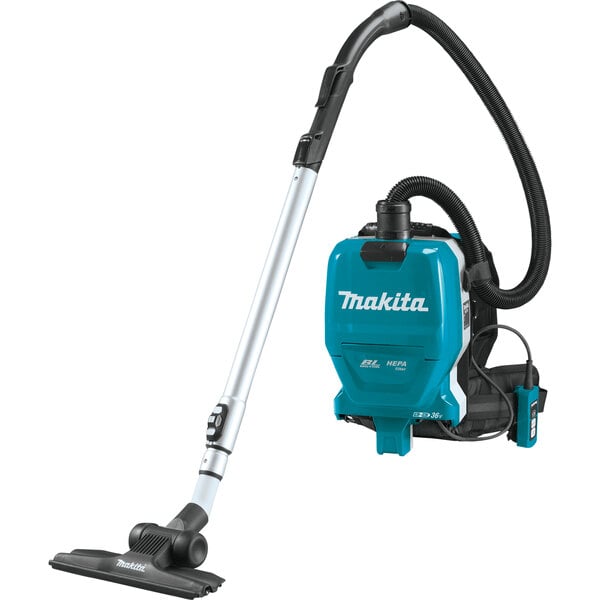 A close up of a blue and white Makita backpack vacuum.