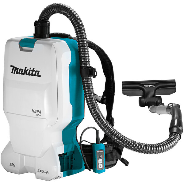 A Makita backpack vacuum cleaner with a hose.