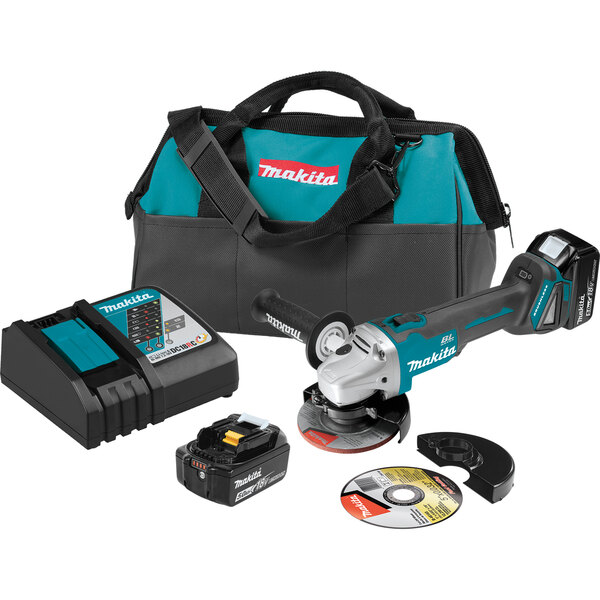 A black and blue Makita 18V LXT angle grinder kit in a bag with a handle.
