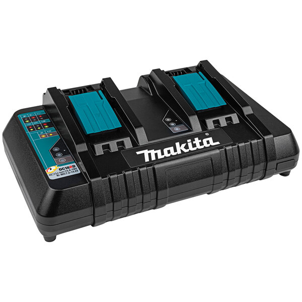 A black and blue Makita 18V LXT lithium-ion dual port battery charger.