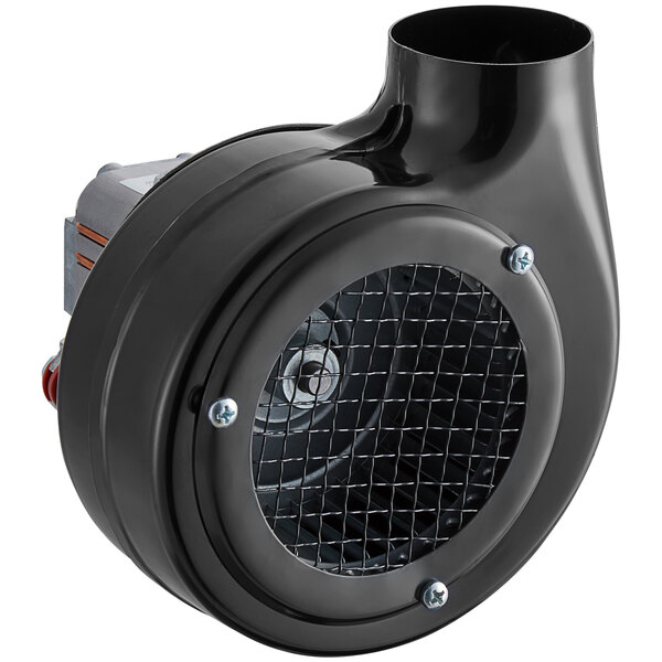 A black circular blower motor with a wire mesh around the center.