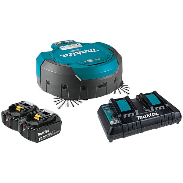 A Makita cordless robotic vacuum cleaner with two black and blue batteries.