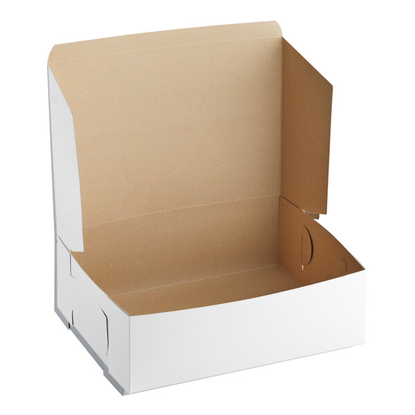 A white cardboard bakery box with an open lid and brown interior.