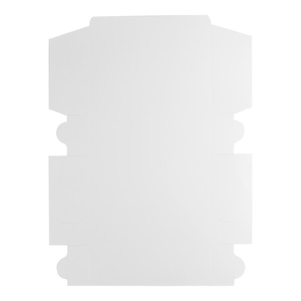 A flat, unfolded white bakery box made of cardboard.