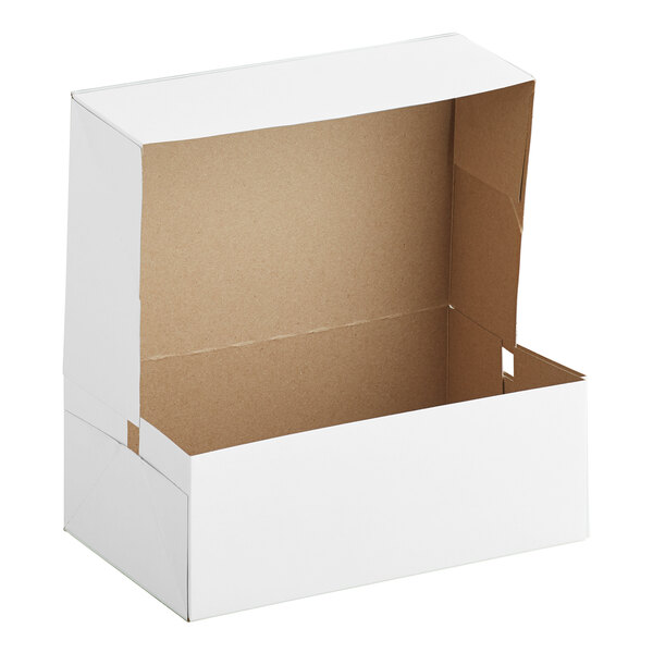 A white auto-popup bakery box with an open lid and brown interior.