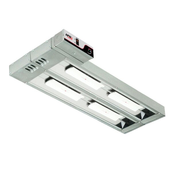 A stainless steel APW Wyott double infrared food warmer with two lights.