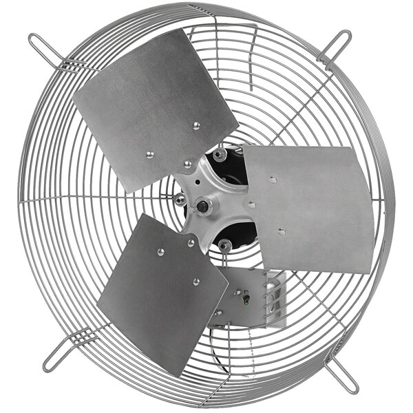 A TPI wall-mounted metal exhaust fan with metal blades.