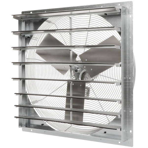 A metal shutter-mounted TPI exhaust fan with a white circle in the middle.