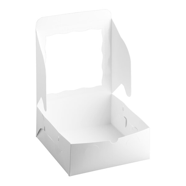 A white bakery box with a clear window on the lid, designed for cakes or baked goods.