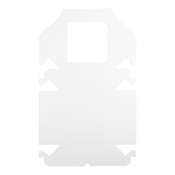 A flat, unfolded white bakery box with a window cutout, designed for cakes or baked goods.