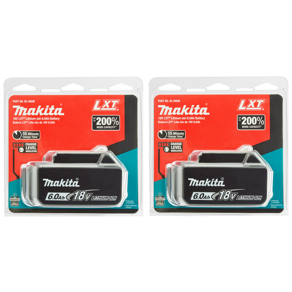 A package of two black Makita 18V lithium-ion batteries.