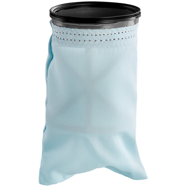 A blue fabric bag with a black lid.