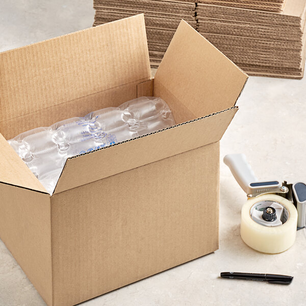 A Lavex kraft cardboard shipping box on a table.