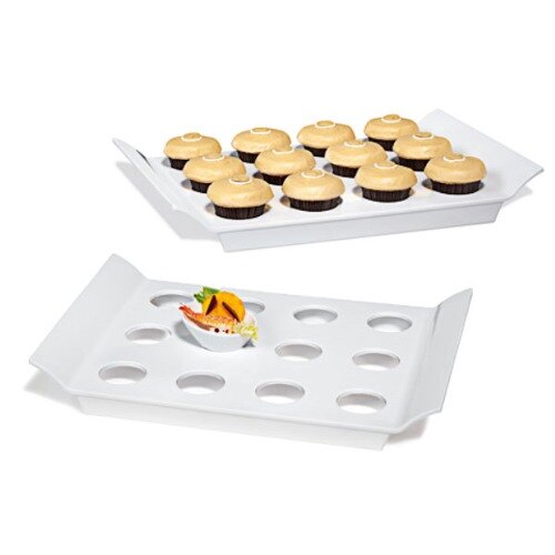 Two white GET San Michele melamine display trays with round slots holding cupcakes.