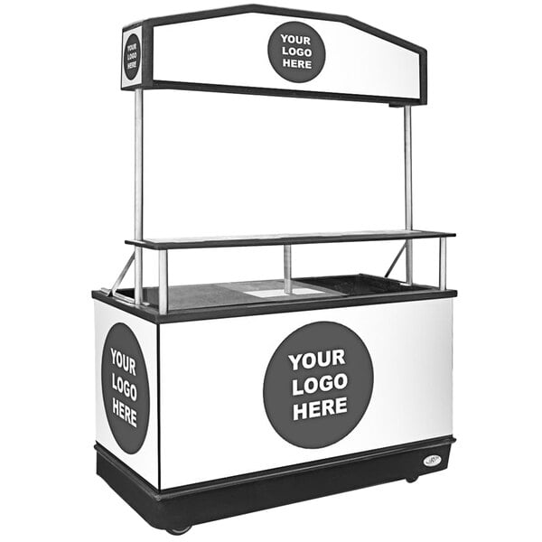 An IRP Elite Beverage Cart with a black and white stand and a white sign.