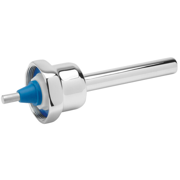 A silver and blue metal Zurn flush valve handle.