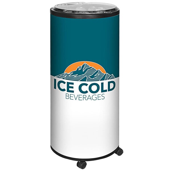 An IRP Black Merch III insulated beverage cooler on wheels with a lid filled with ice cold beverages.