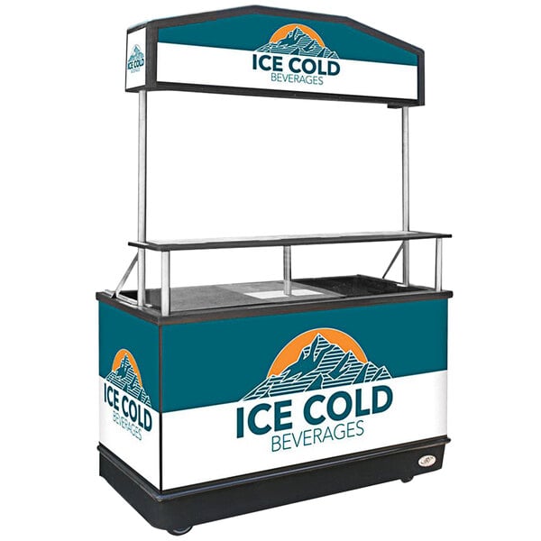 An IRP illuminated black beverage cart with a blue and white "Ice Cold Beverages" canopy.