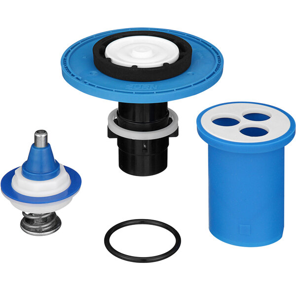 A blue and white Zurn diaphragm rebuild kit container with rubber rings inside.