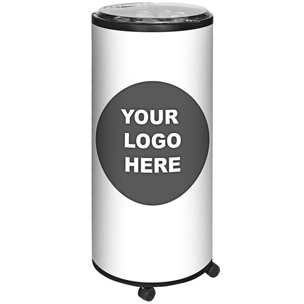 A white cylinder with a black circle and a black circle with white text reading "your logo here" on the side.