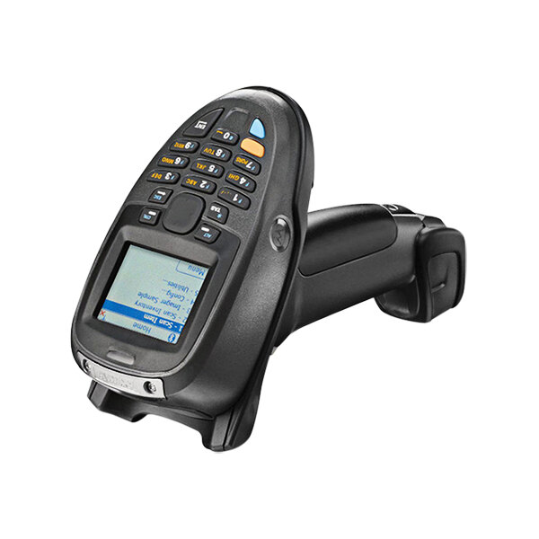 A Zebra handheld barcode scanner with a screen and keyboard in a cradle.
