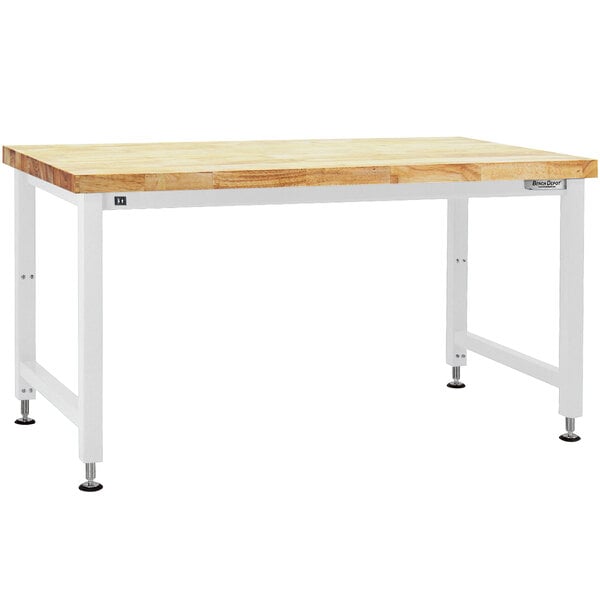 A BenchPro Adams series workbench with a wooden top and white metal legs.