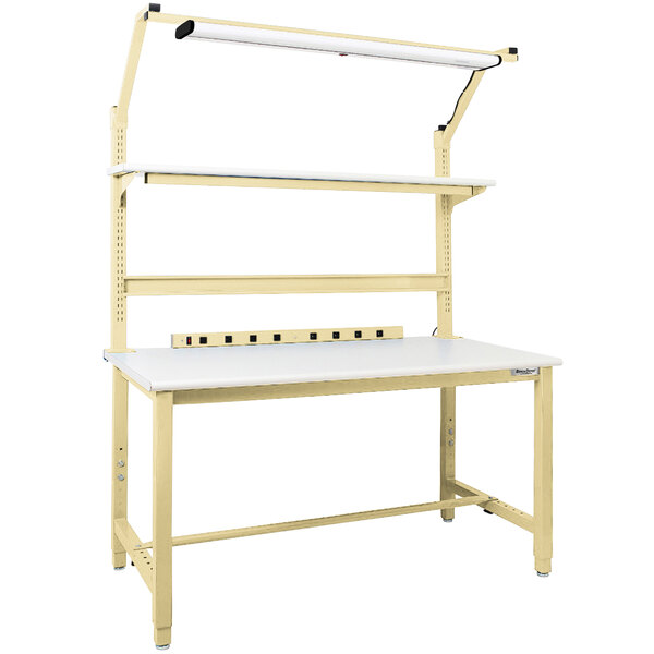 A white work bench with a white laminate top and beige frame.