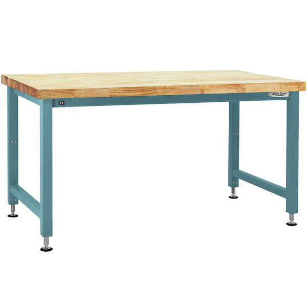 A BenchPro Adams workbench with a wooden top and blue legs.