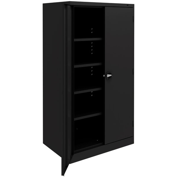 A black metal Tennsco storage cabinet with solid doors.